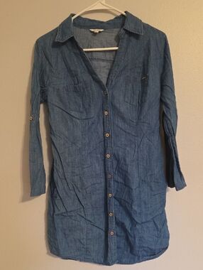 GUESS Denim Button-Down Shirt Dress - Blue